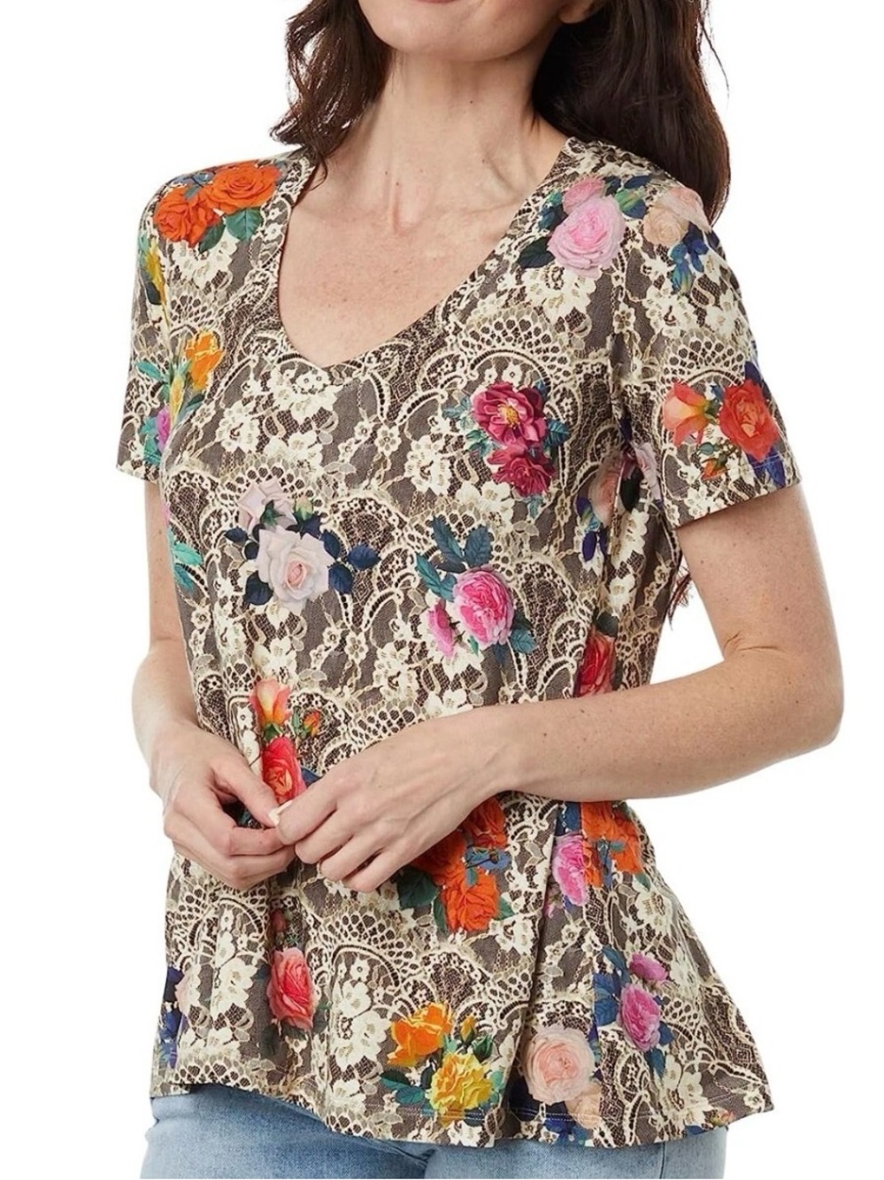 Johnny Was Brown Lace-Print Short Sleeve Top with Multicolor Floral Motifs